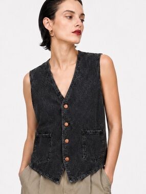 Vintage denim- distressed black waistcoat vest top with snaps- L